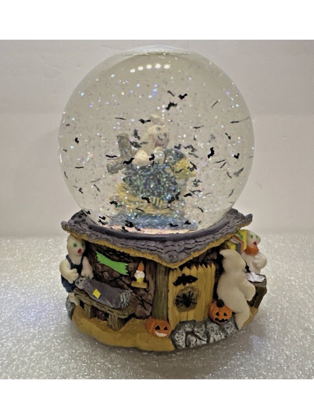 Vintage Halloween Snow Globe Bats & Glitter Scary Sounds Ghost Crow Schoolhouse